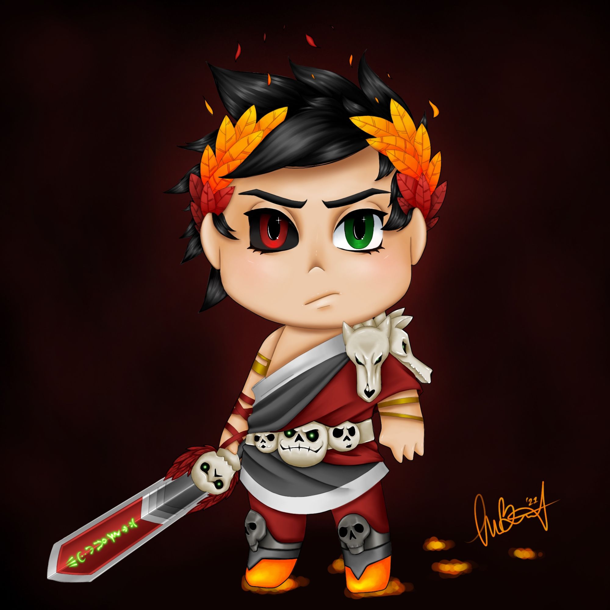 Chibi fanart of Zagreus from Hades. Created in Procreate in 2021