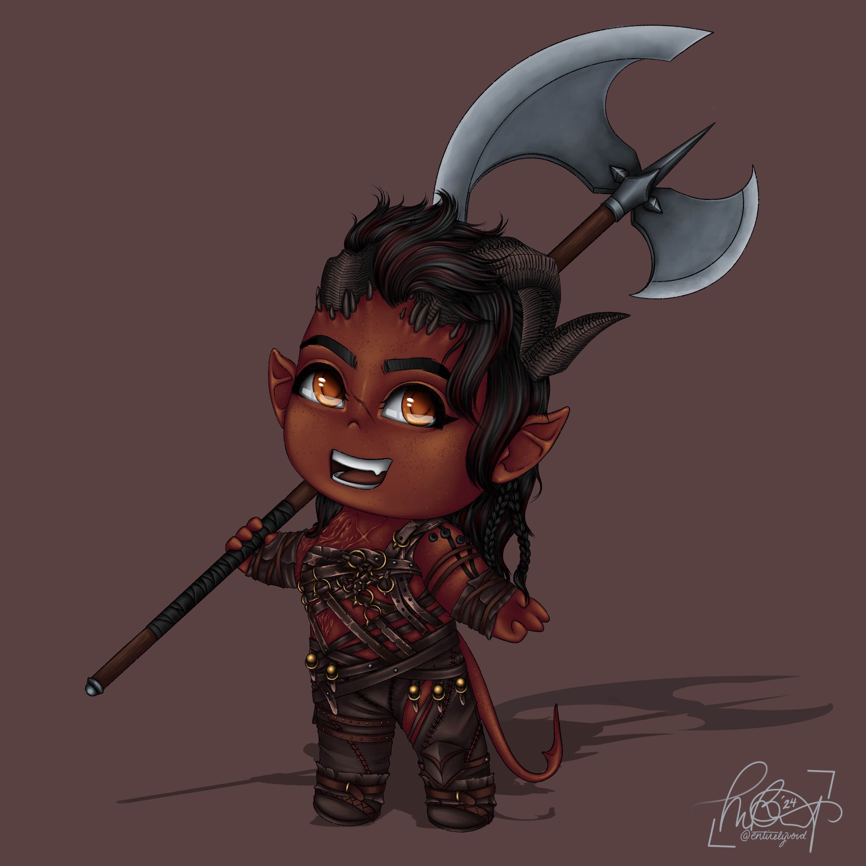 Chibi fanart of Karlach from Baldurs Gate 3. Created in Procreate in 2024.