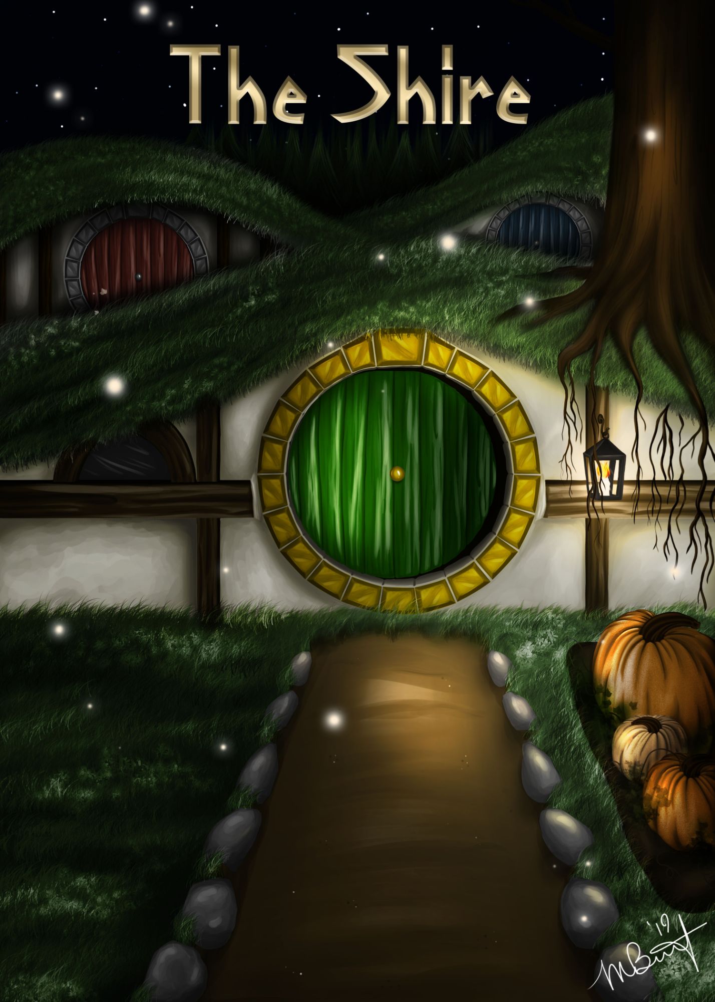 Landscape drawing of the Shire from the Lord of the Rings. Created in Photoshop in 2019