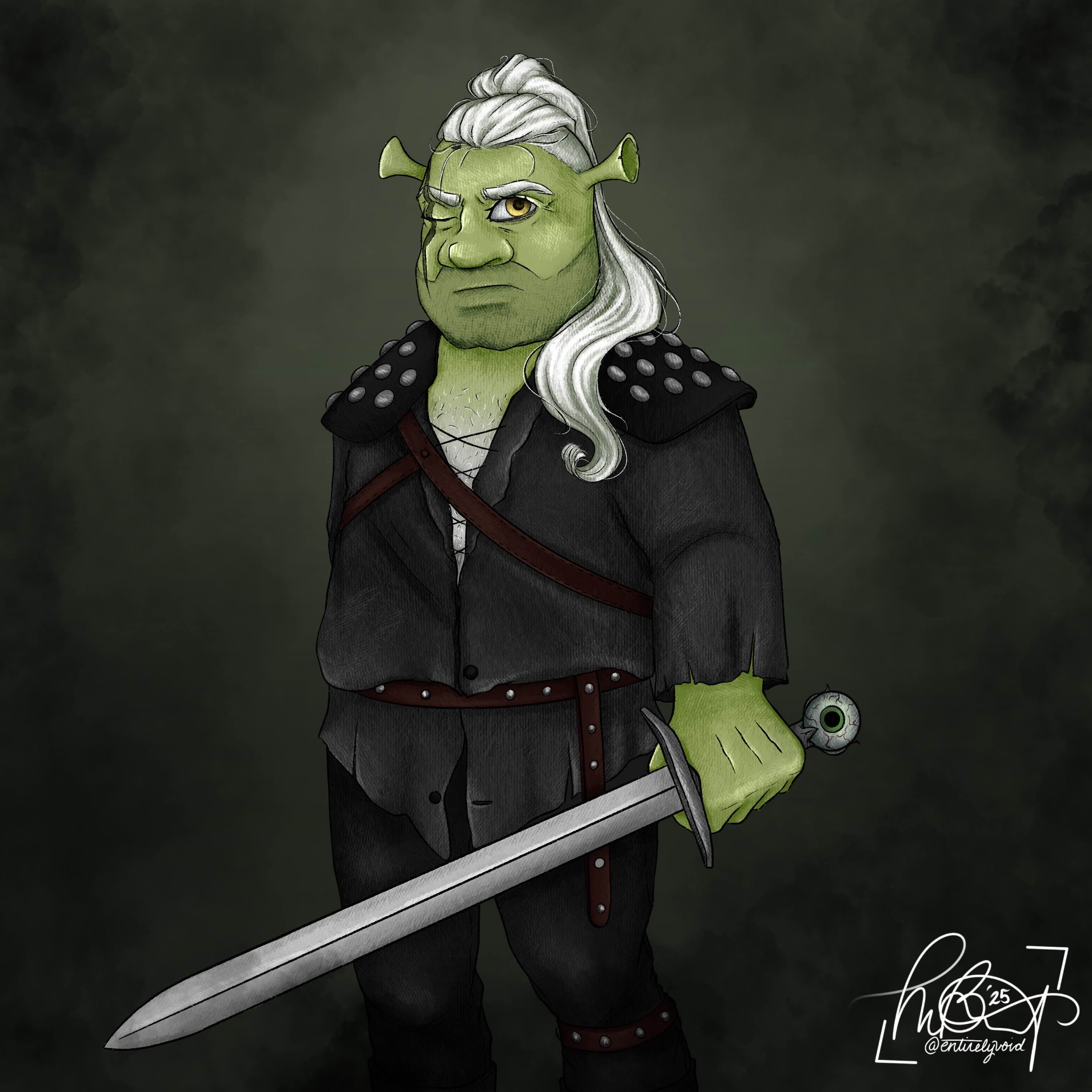 Fanart mashup of Shrek and Geralt of Rivia. Created in Procreate in 2025.