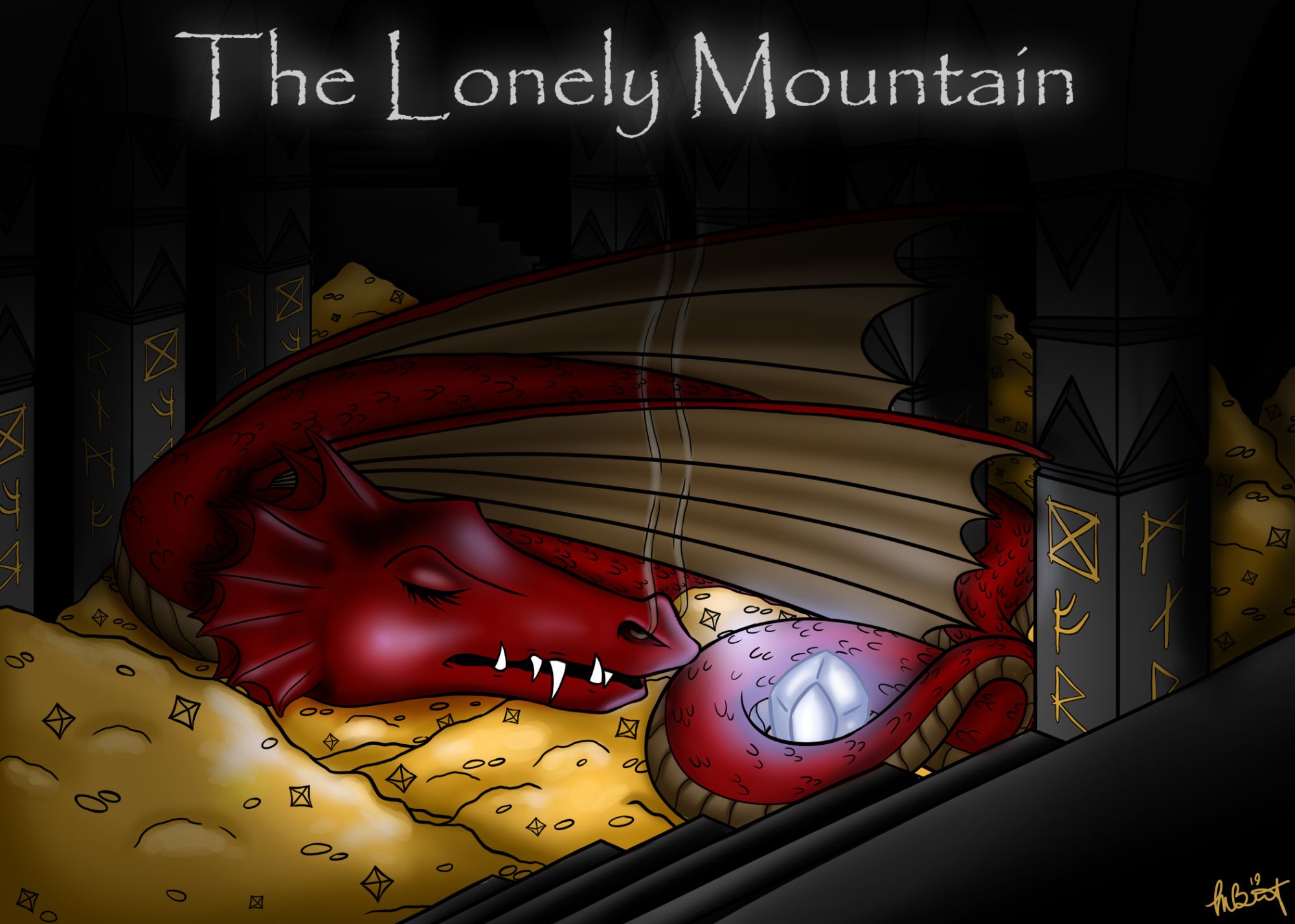 Landscape drawing of the Lonely Mountain and Smaug from the Hobbit. Created in Photoshop in 2019